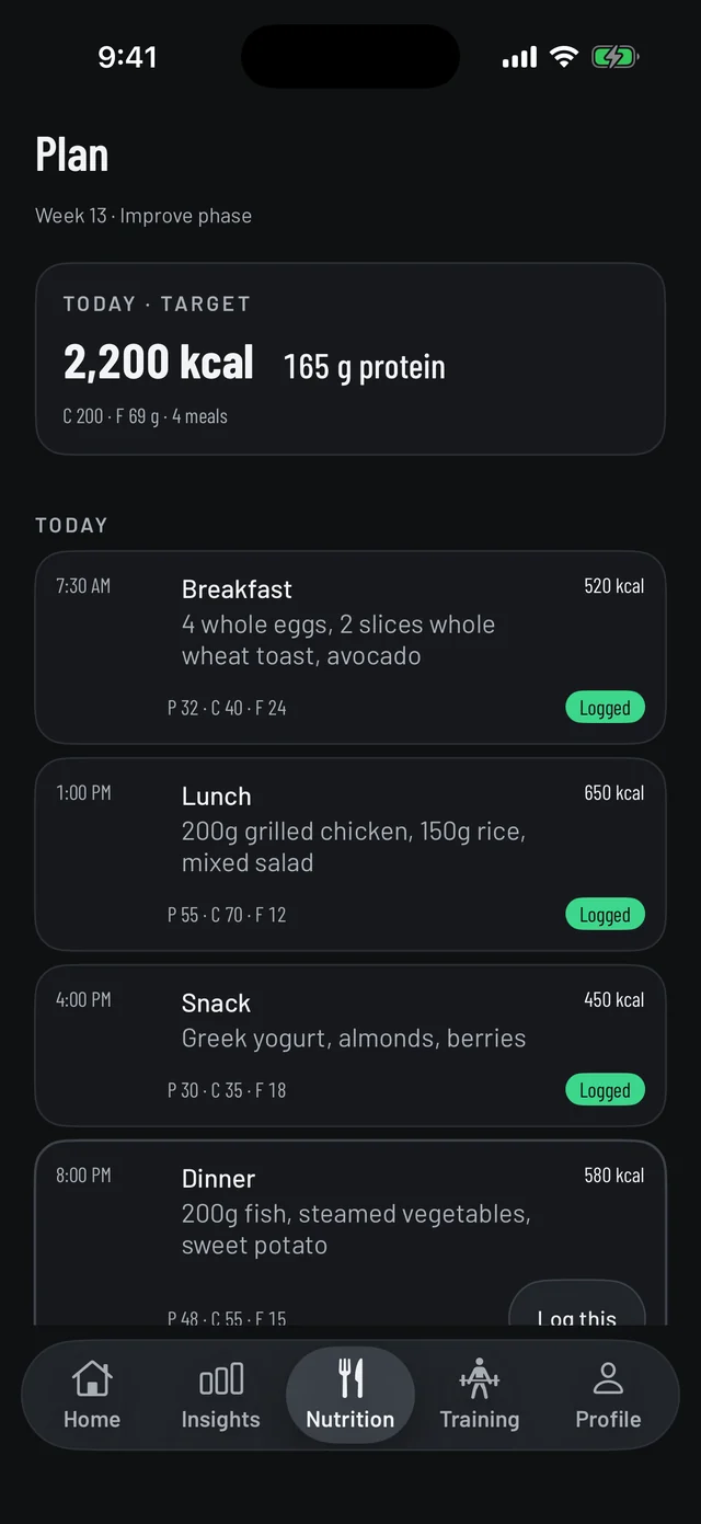 Vemisis plan screen in the Improve phase with daily calorie and protein targets