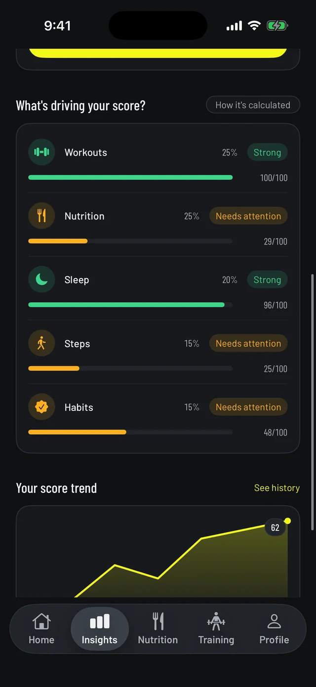Vemisis insights screen showing what is driving your score