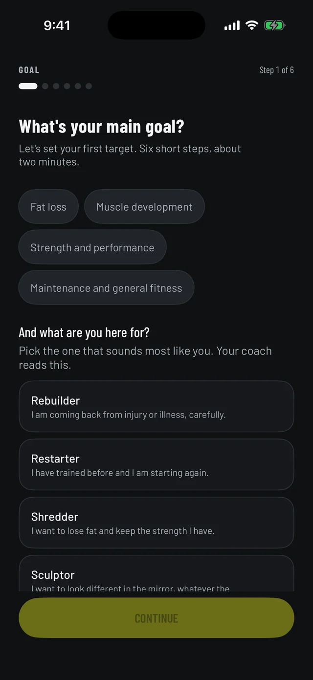 Vemisis onboarding screen asking for your main goal