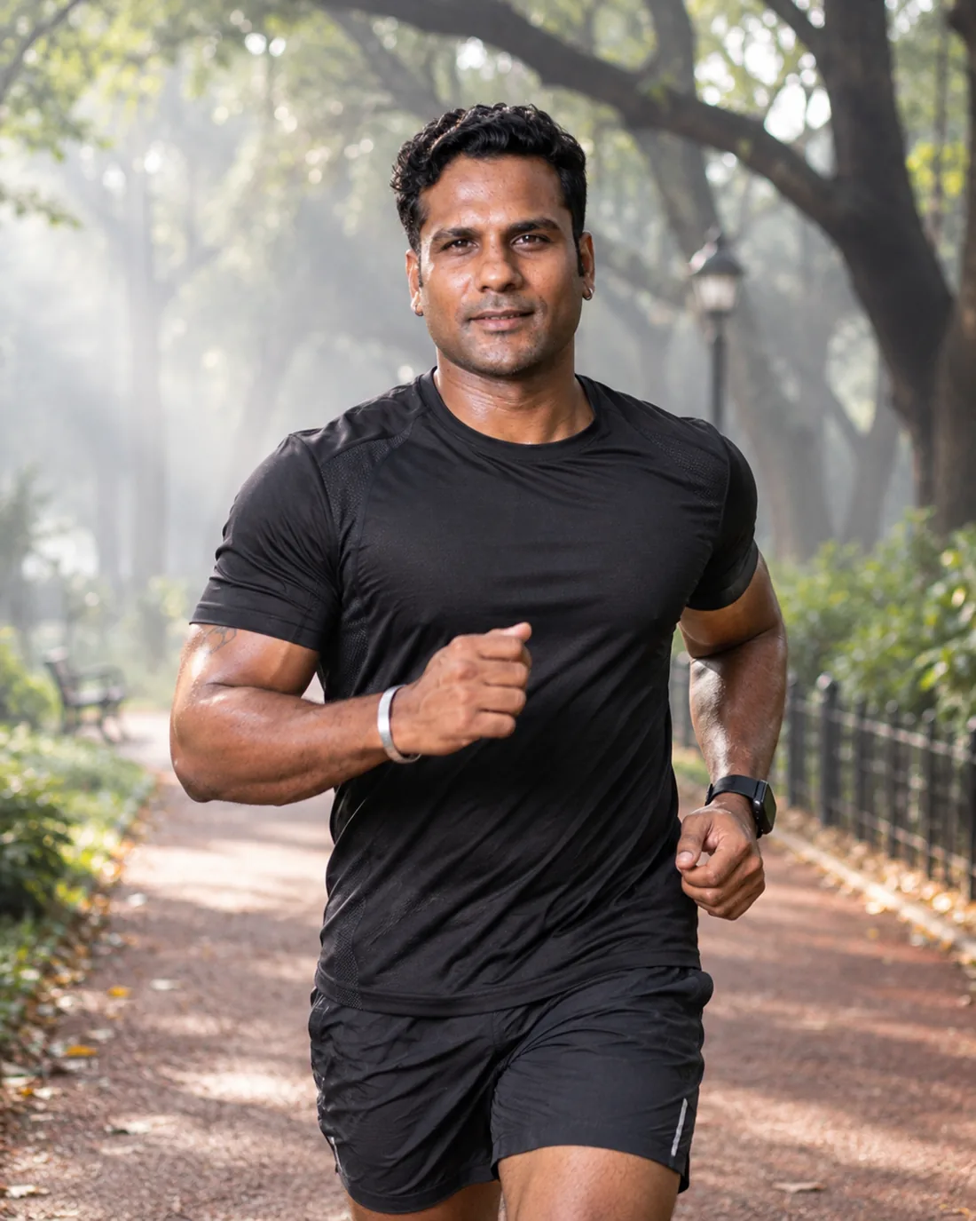 Coach running outdoors at sunrise