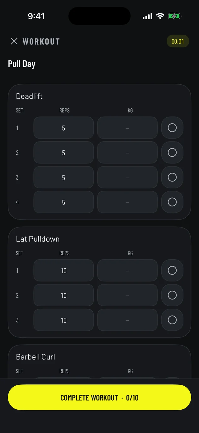 Vemisis active workout logging screen