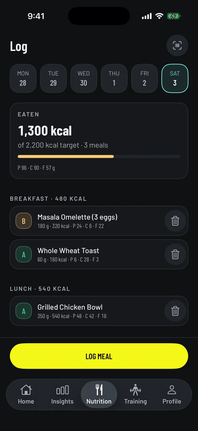Vemisis food log with meals