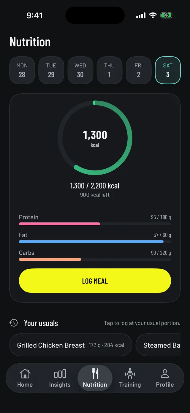 Vemisis nutrition screen with a calorie ring and macros