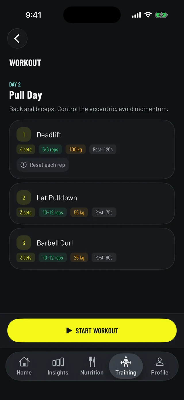 Vemisis workout detail with sets, reps and rest